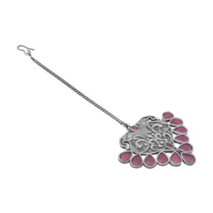 Antique Silver Plated Oxidised Kemp Stone Studded Maang Tikka for Women