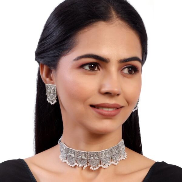 Antique Silver Plated Traditional Oxidised Choker Necklace &