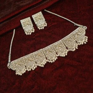 Antique Silver Plated Traditional Oxidised Choker Necklace & Earrings Set for Women