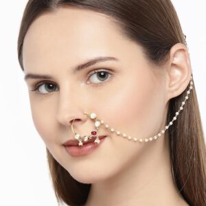 Gold-Toned Handcrafted Faux Ruby Nose Ring With Chain