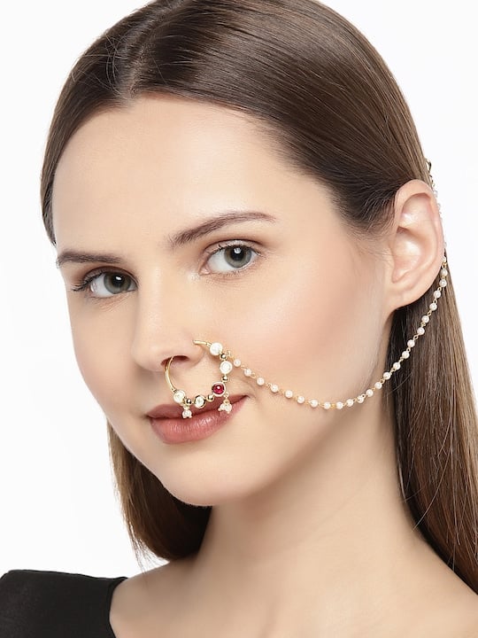 Gold-Toned Handcrafted Faux Ruby Nose Ring With Chain-3