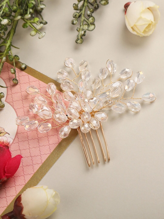 Women Gold-Toned & White Beaded Bridal Hair Styling Comb Pin