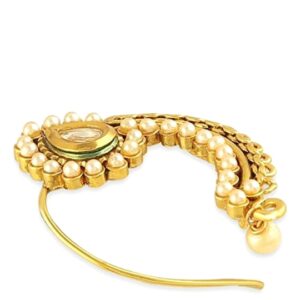 Gold-Plated Stone Studded & Pearls Beaded Tilak Shaped Nosepin