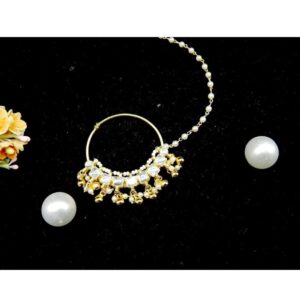 Beautiful Gold Plated Kundan and Pearls Nath with Chain for Women and Girls