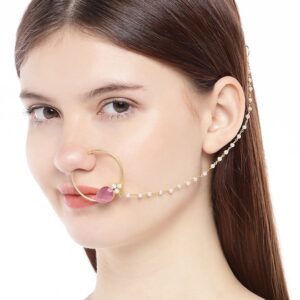 Gold-Toned & Pink Stone Nose Ring With Chain