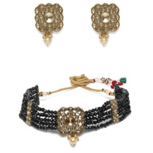 Traditional Gold Plated Black Beads Studded Square Shape Choker Necklace Set for Women