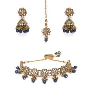 Gold Plated Blue Beads Drop Studded Choker Necklace Set With Jhumki and Maang Tikka for Women
