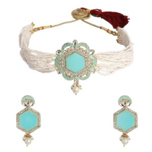 Traditional Gold Plated Blue Enamel Stone Choker Set Embellished with Pearls for Women