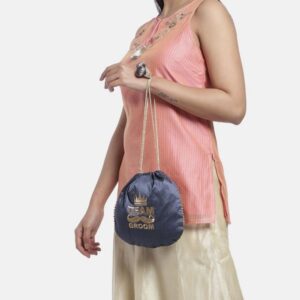 AccessHer Blue & Gold-Toned Embroidered Potli