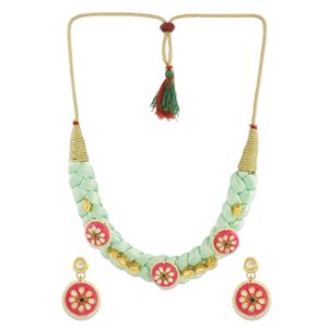 Braided Silk Thread Embellished with Enamel Beads and Kundan Necklace Set for Women