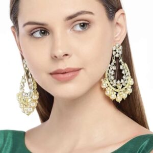 Brass and Kundan Chand Bali Earrings for Women & Girls, Gold