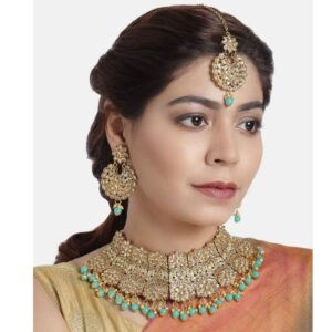 Traditional Gold-Plated Semi-Precious Stone Bridal Jewellery Set with Earrings and Maang Tikka for Women