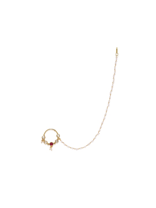 Gold-Toned Handcrafted Faux Ruby Nose Ring With Chain-2