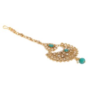 Antique Gold Plated Chandbali Style Statement Green Stone Studded Maang Tikka for Women