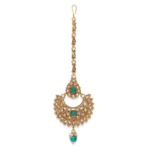 Antique Gold Plated Chandbali Style Statement Green Stone Studded Maang Tikka for Women