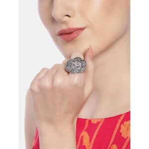 Circular Flower Shaped Oxidized Silver Adjustable Finger Ring for women