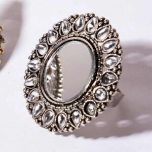 Traditional Silver Plated Delicate Circular Shaped Mirror Embellished Oxidized Adjustable Finger Ring for Women