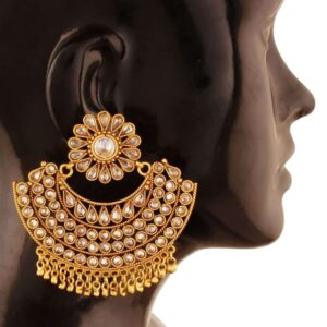 Antique Traditional Gold Plated Rajwadi Semi-Precious Stone Statement Chandelier Earrings for Women