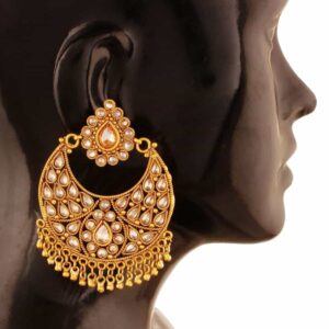 Antique Traditional Gold Plated Rajwadi Semi-Precious Stone Statement Chandelier Earrings for Women