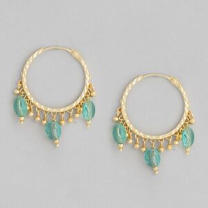Gold Plated Blue Beads Embellished Hoop Earrings