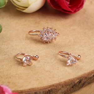 Women Pack of 3 Rose Gold-Plated American Diamond-Studded Nose Pins