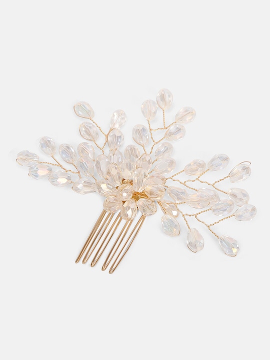 Women Gold-Toned & White Beaded Bridal Hair Styling Comb Pin