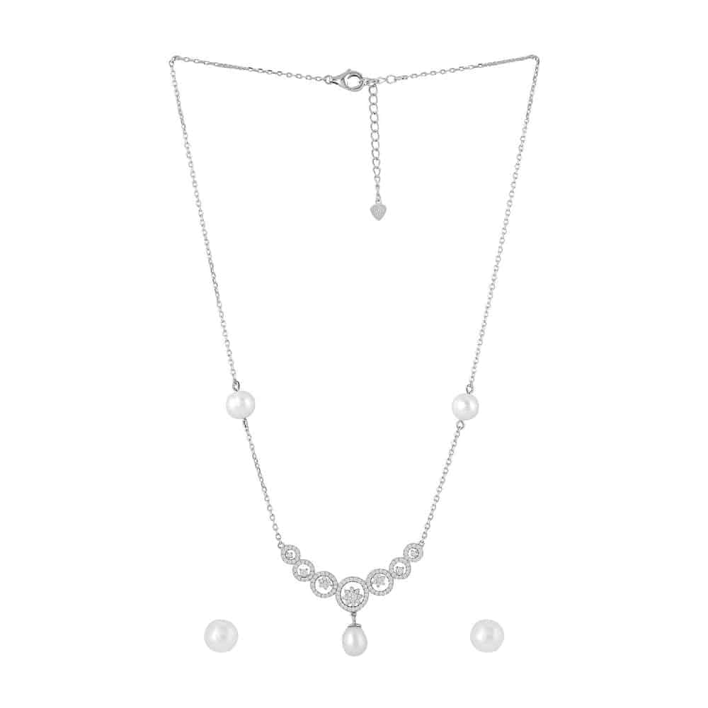 92.5/925 Sterling Silver CZ and pearl Necklace set with