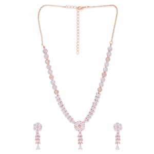 Delicate American Diamond Studded Rose Gold Plated Necklace Set for Women