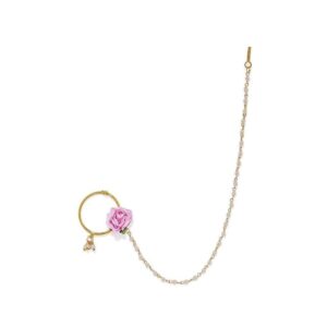 Delicate Artificial Pink Rose Nose Ring with Pearl Chain for Women