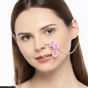 Delicate Artificial Pink Rose Nose Ring with Pearl Chain for Women