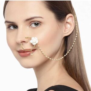 Delicate Artificial White Rose Nose Ring with Pearl Chain for Women