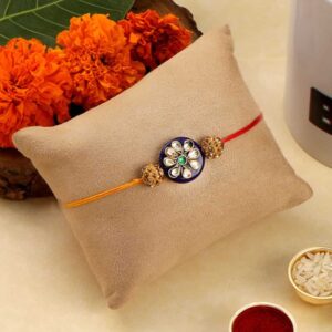 Delicate Blue Enamel Rakhi with Greeting Card for Brother & Gifting