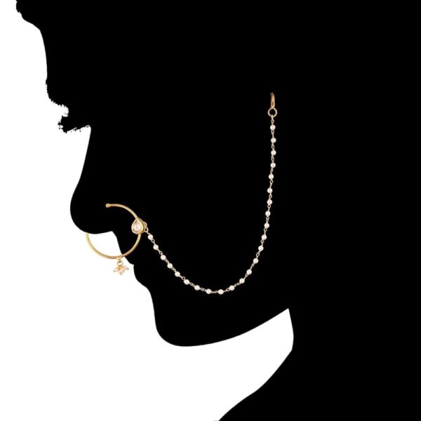 Delicate Drop Shape Kundan Nose Ring with Pearl Chain for