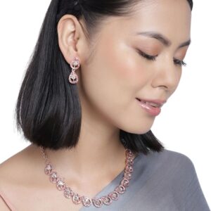 Delicate Drop Shape Rhinestones Studded Rose Gold Plated Necklace Set for Women