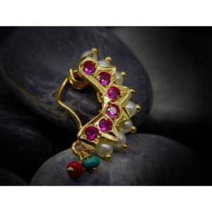 Delicate Gold Finish Pink Stone Studded Pearl Nose Ring Nath