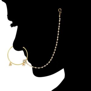 Delicate Gold Plated Pachi Kundan Nose Ring with Pearl Chain for Women
