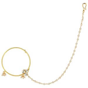 Delicate Gold Plated Pachi Kundan Nose Ring with Pearl Chain for Women