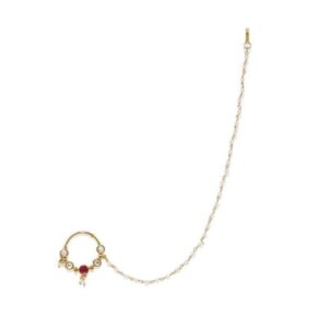 Delicate Kemp Stone and Kundan Embellished Nose Ring with Pearl Chain for Women