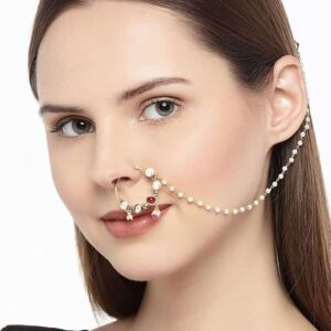 Delicate Kemp Stone and Kundan Embellished Nose Ring with Pearl Chain for Women