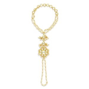 Delicate Kundan and Pearl Embellished Hathphool Ring Bracelet for Women