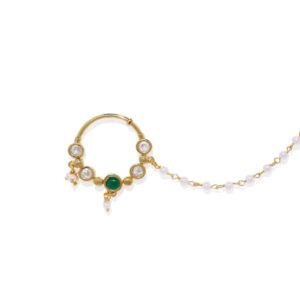 Delicate Kundan Emerald Studded Nose Rings with Chain for Women