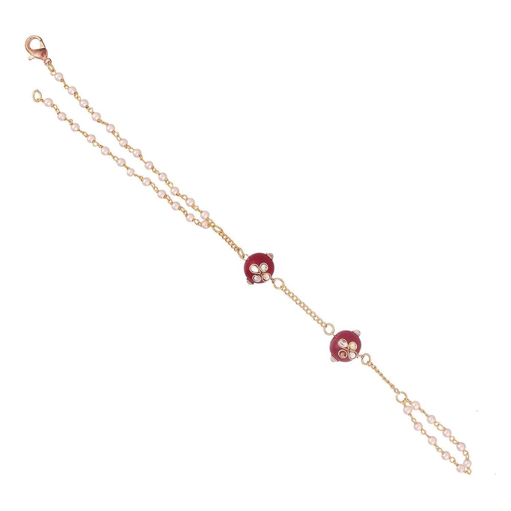 Red beads with kundan and pearl chain bracelet with