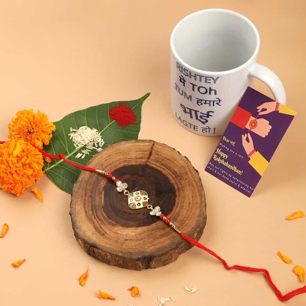 Delicate Multicolour Enamel Rakhi with Greeting Card for