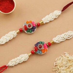 Delicate Multicolour Stones & Pearls Rakhi Pack of 2 for Brother & Gifting