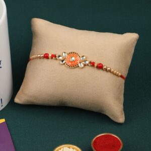 Delicate Orange Colour Enamel Rakhi with Greeting Card  for Brother & Gifting