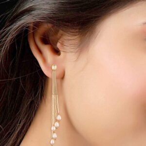 Traditional Gold Plated Delicate Pearl Tassel Dangle Drop Earrings for Women and Girls