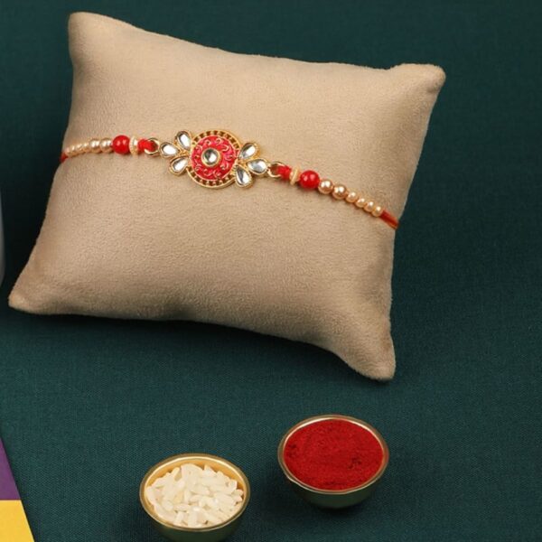 Delicate Pink Colour Enamel Rakhi with Greeting Card for