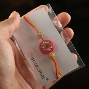 Delicate Pink Enamel Rakhi with Greeting Card for Brother & Gifting