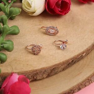 Delicate Rose Gold Plated American Diamond Studded Nose Pins Pack of 3 for Women