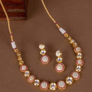Delicate Ruby Kundan Studded Enameled Necklace Set for Women